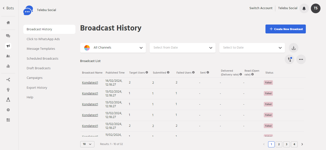 TelebuSocial's broadcast history dashboard