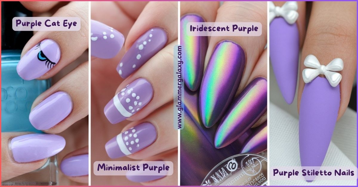 Collage of three purple nail designs, including cat eye, iridescent, and stiletto styles with embellishments.