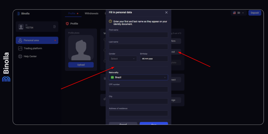 An example of a verification form on the Binolla platform with empty fields to be filled out by a trader