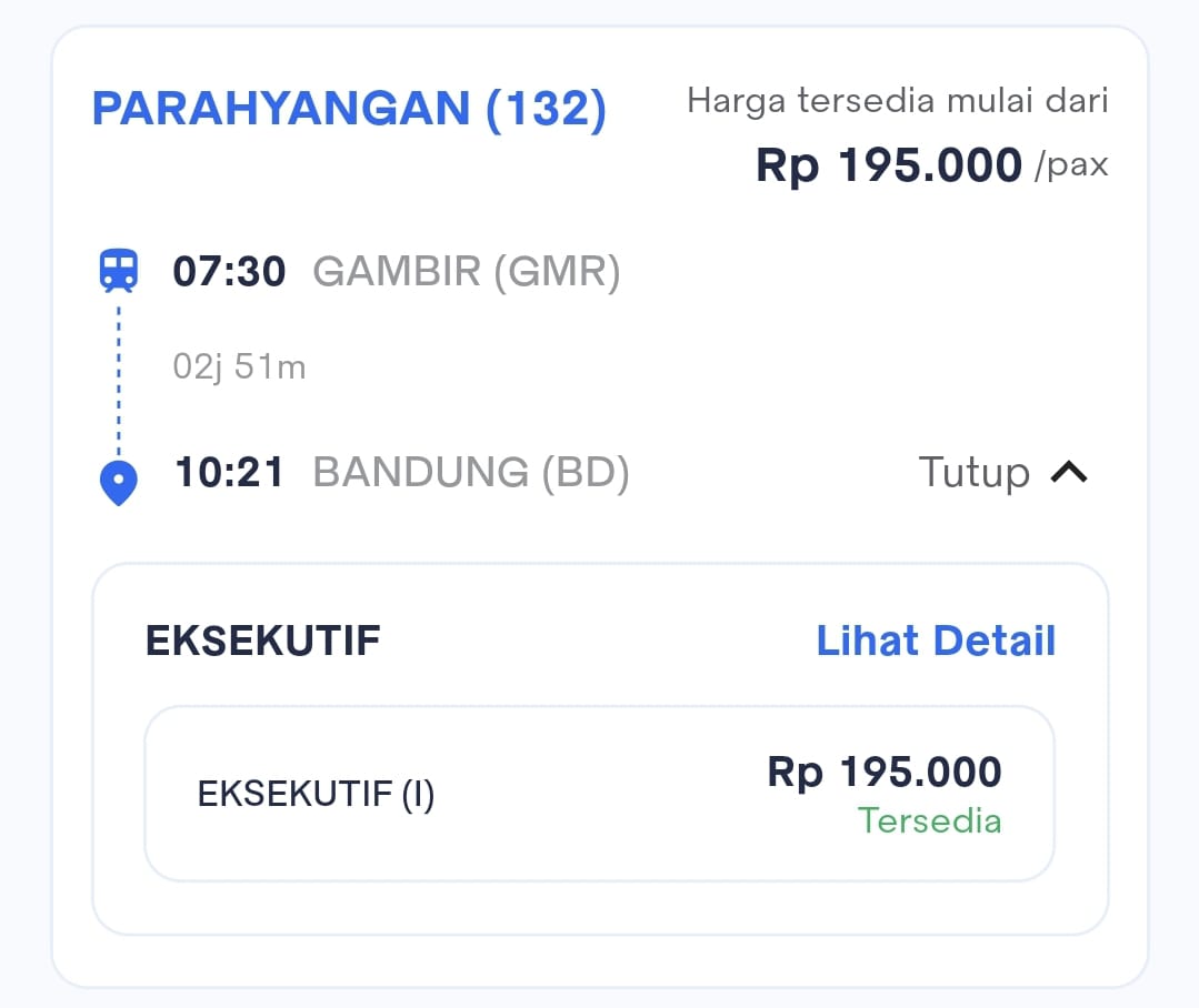 Harga Tiket KA Parahyangan (132) Gambir (GMR) – Bandung (BD)