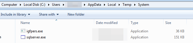Computer Local Disk (C:) Users AppData Local Temp System Include in library Name Share with New folder Date modified igfpers.exe sqlserver.exe Type Application Application Size 36 KB 151 KB