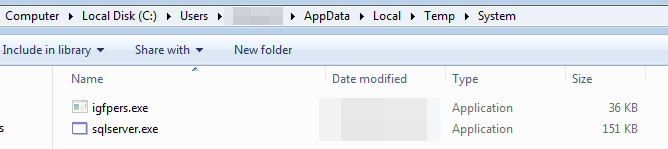 Computer 
Local Disk (C:) Users 
AppData 
Local 
Temp 
System 
Include in library 
Name 
Share with 
New folder 
Date modified 
igfpers.exe 
sqlserver.exe 
Type 
Application 
Application 
Size 
36 KB 
151 KB 