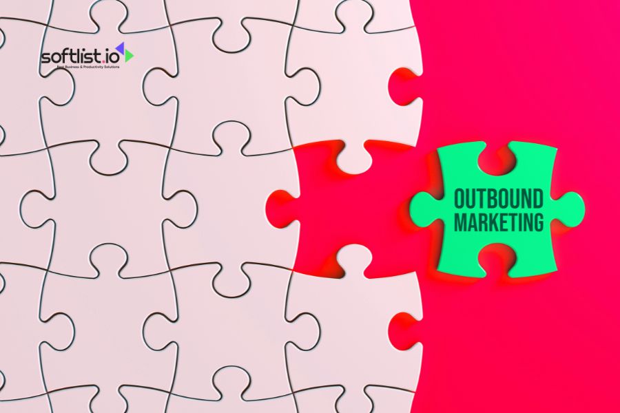 Green puzzle piece labeled "Outbound Marketing" placed next to a pink puzzle