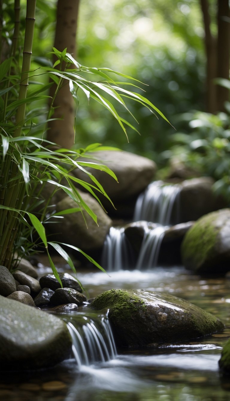 Bamboo water spouts flow in a serene Japanese garden, surrounded by carefully placed rocks and lush greenery