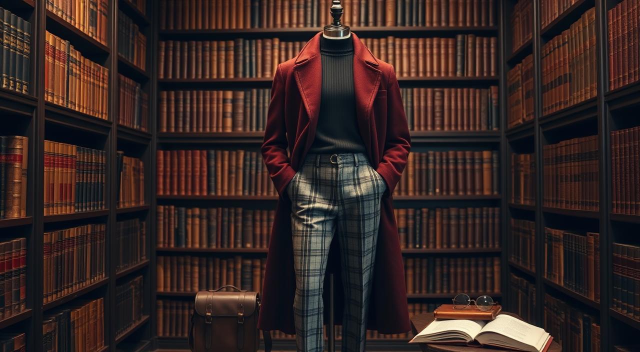 A cozy library setting with dark wood shelves filled with ancient books, an elegantly dressed mannequin showcasing a layered outfit featuring a long, tailored coat in deep burgundy, a fitted black turtleneck, plaid high-waisted trousers, and polished oxford shoes. Accents include a vintage leather satchel, round glasses resting on an open book, and soft, warm lighting creating a scholarly atmosphere.