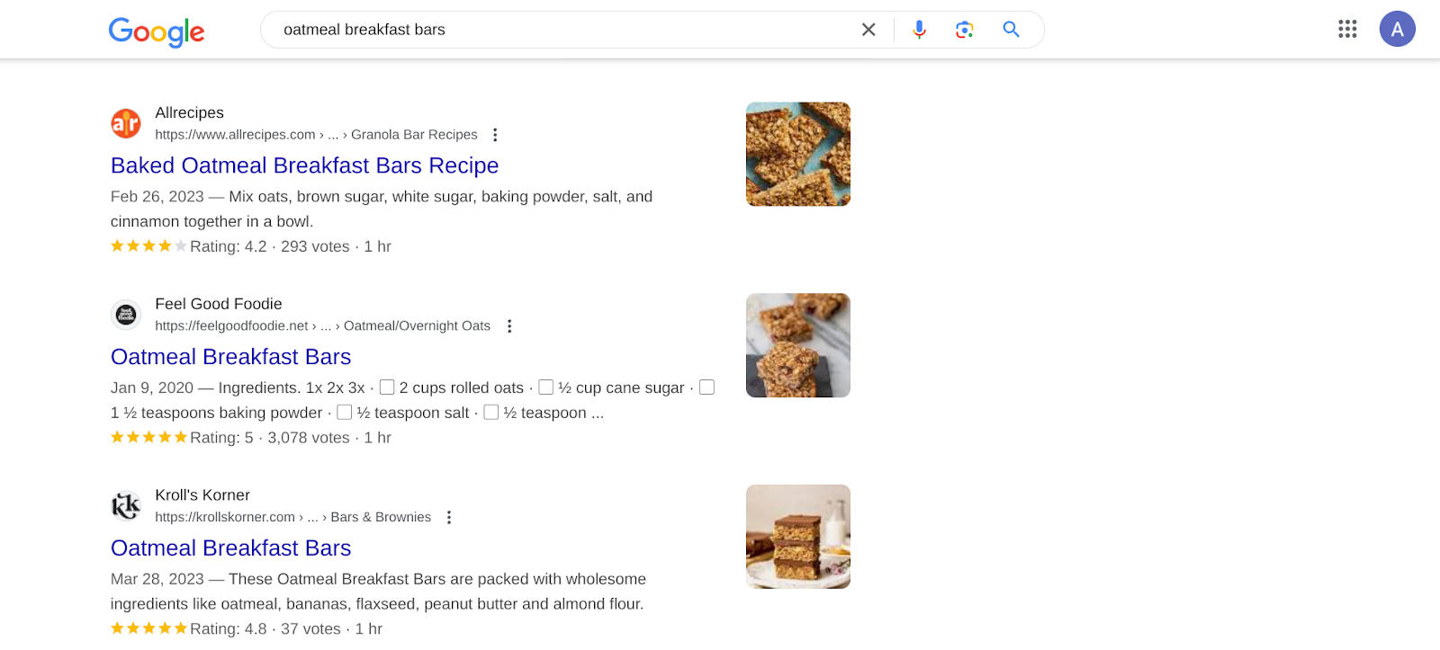 Screenshot from a Google search for oatmeal breakfast bars as an exampe of keyword research for a freelance article outline.
