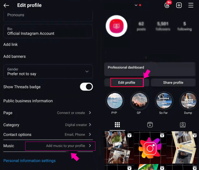 How do I put music in my Instagram profile?