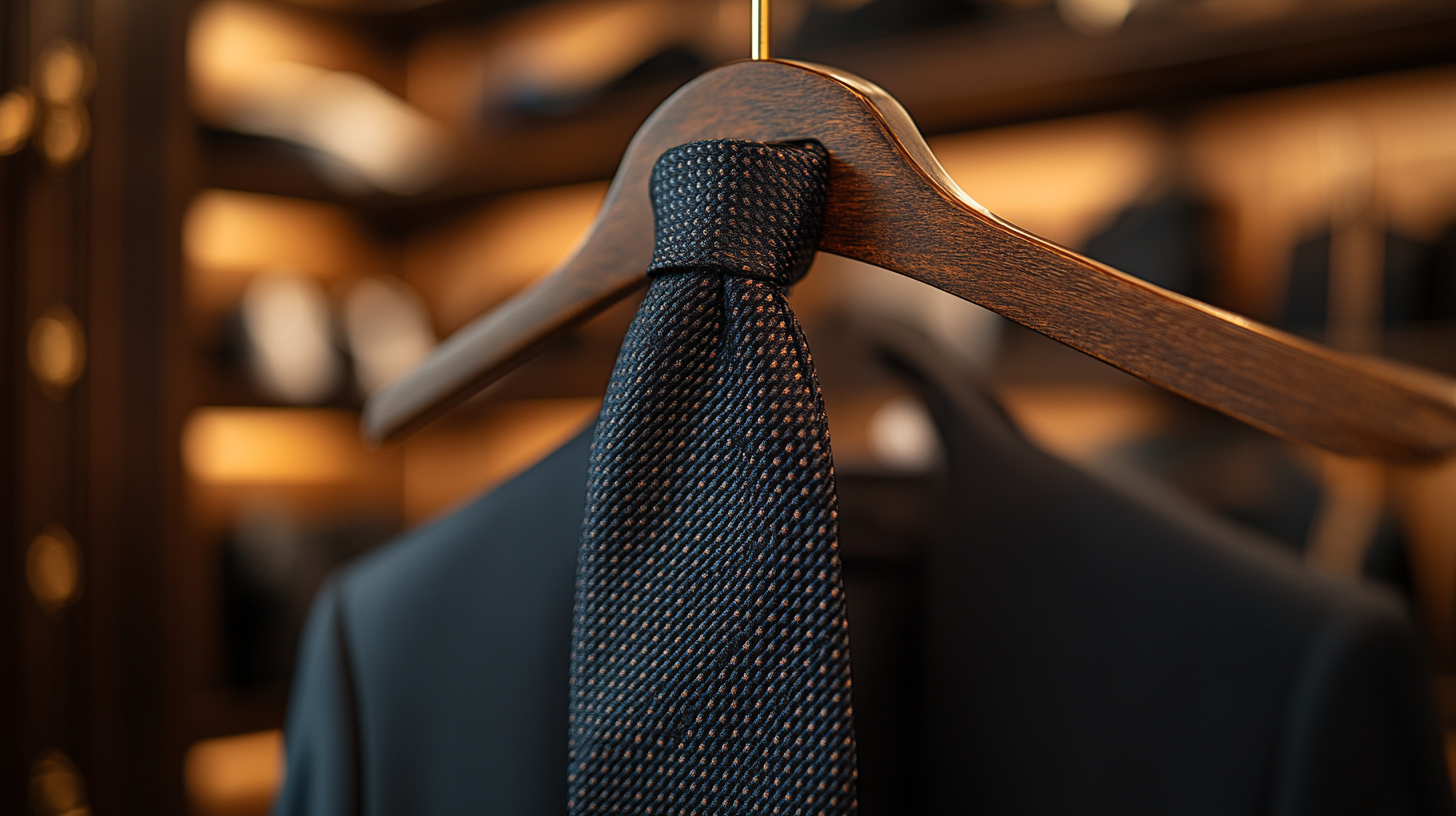 A sleek black silk tie draped over a wooden hanger in a dimly lit wardrobe, its deep color absorbing the soft light. A perfect match for a refined suit.