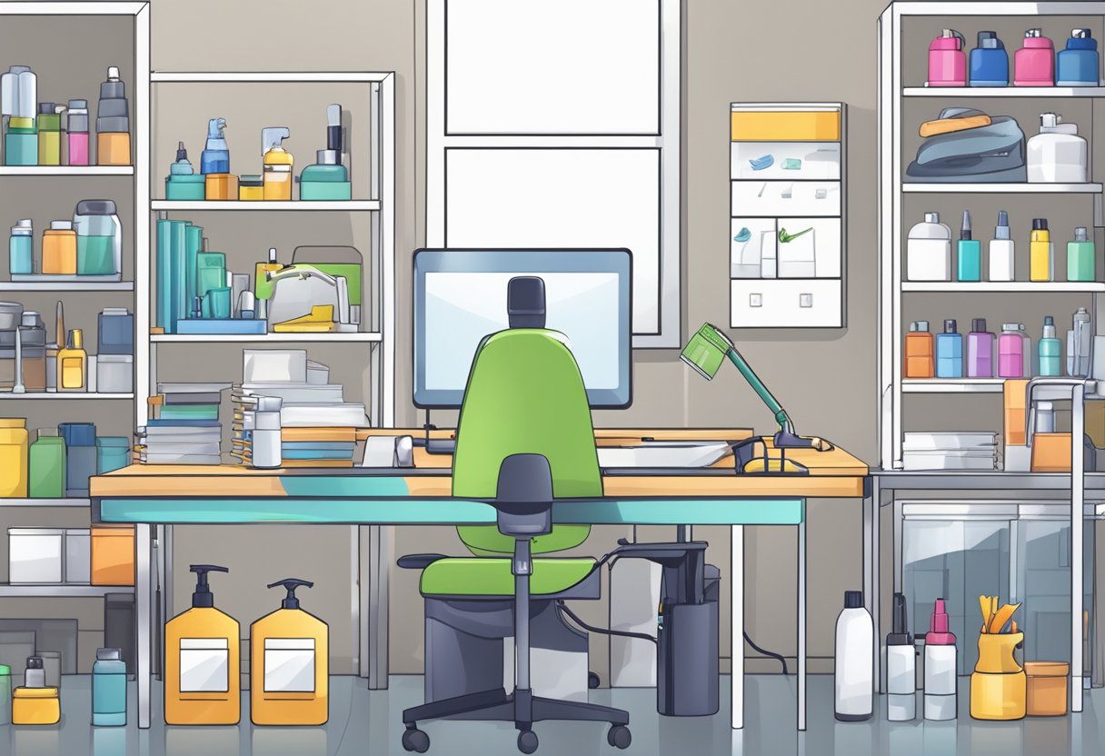 A clean, organized workspace with lash application tools, disinfectant, and safety equipment laid out for use