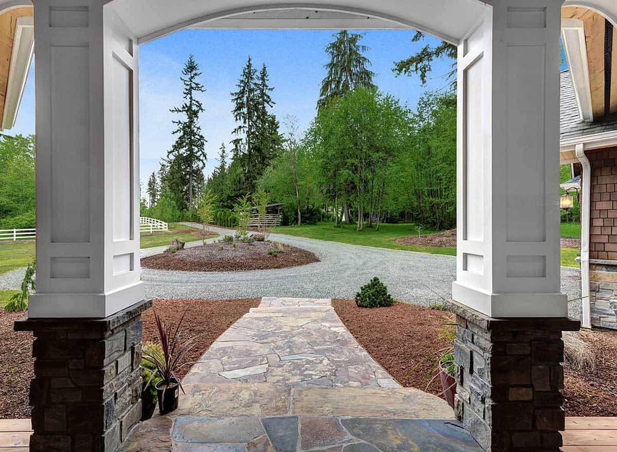 View of the circular driveway from the covered entry porch.
