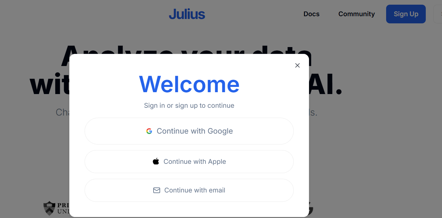 Signing up on Julius AI 