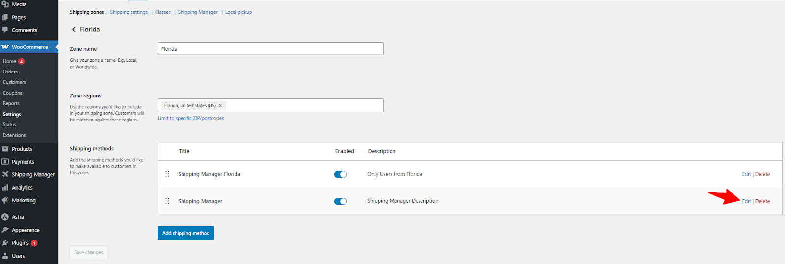 Edit the created shipping method 