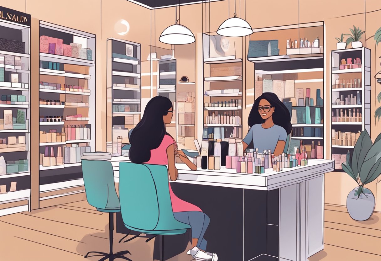 A woman sitting at a trendy salon, surrounded by beauty products and magazines, chatting with a knowledgeable technician about lash extensions