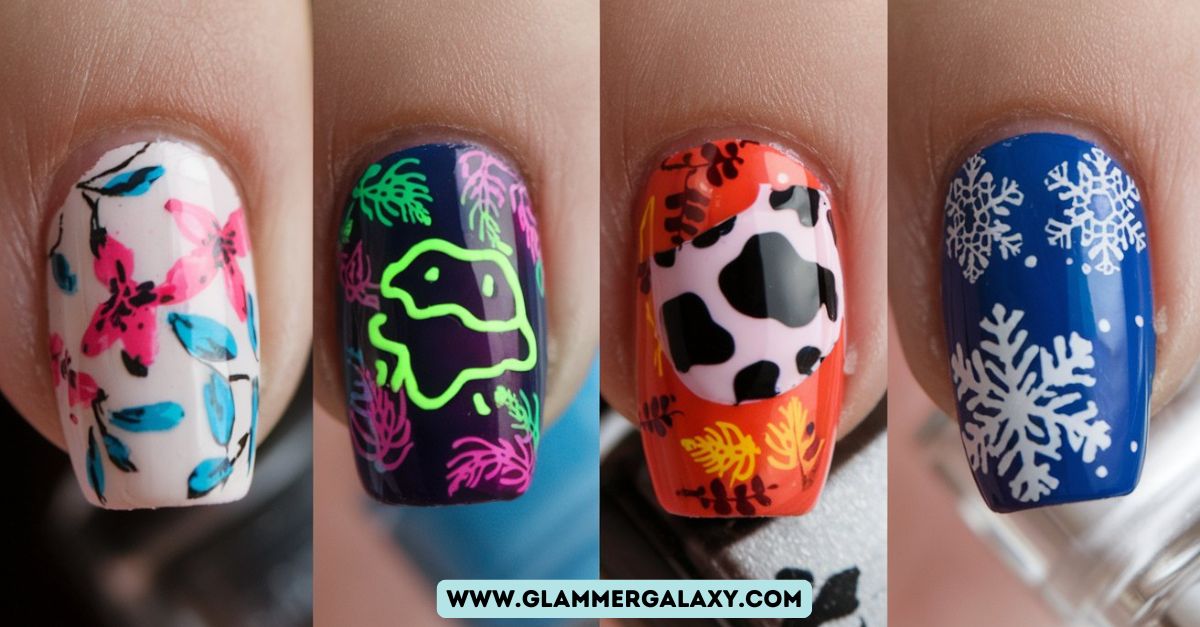  Four nails with seasonal cow print designs, featuring pink, neon, orange, and blue backgrounds.