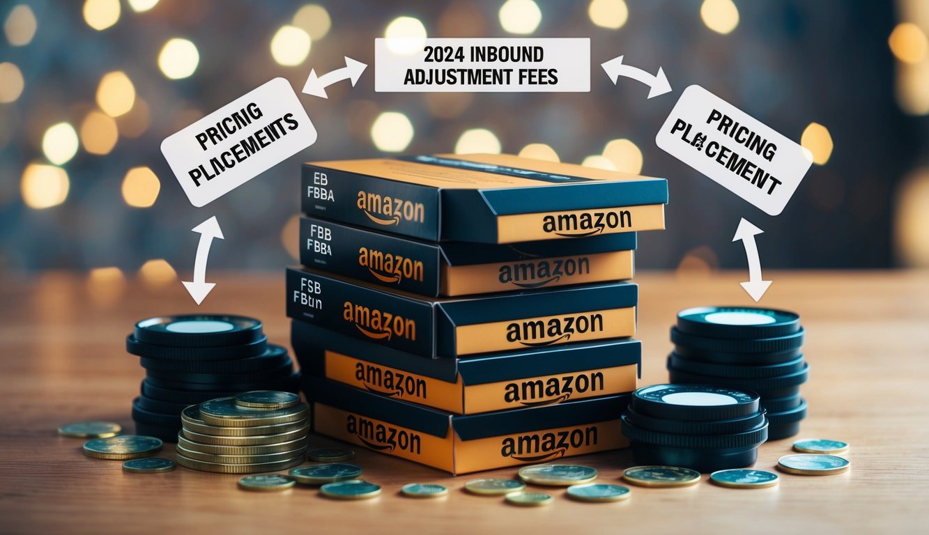 A stack of Amazon products with varying placement fees, surrounded by arrows indicating changes in pricing due to the 2024 FBA inbound adjustments