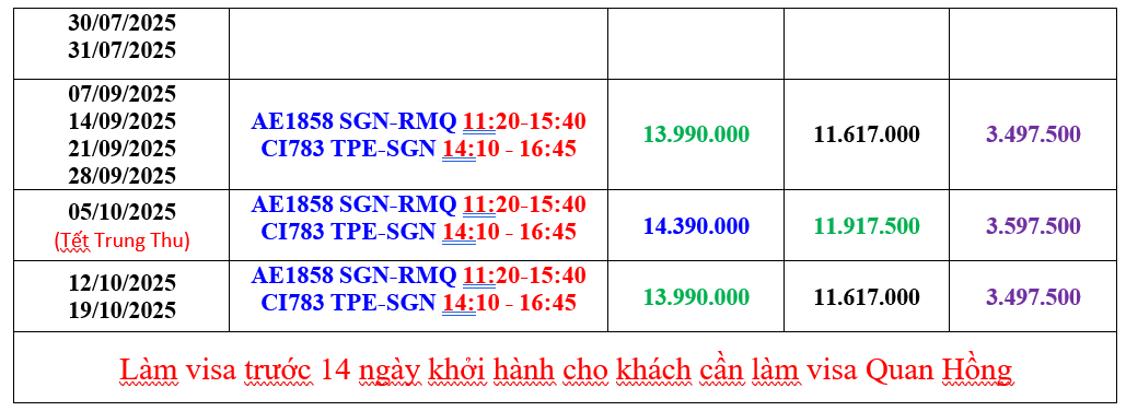 Bảng giá tour Đài Loan của Hòa Bình Peacetour 2