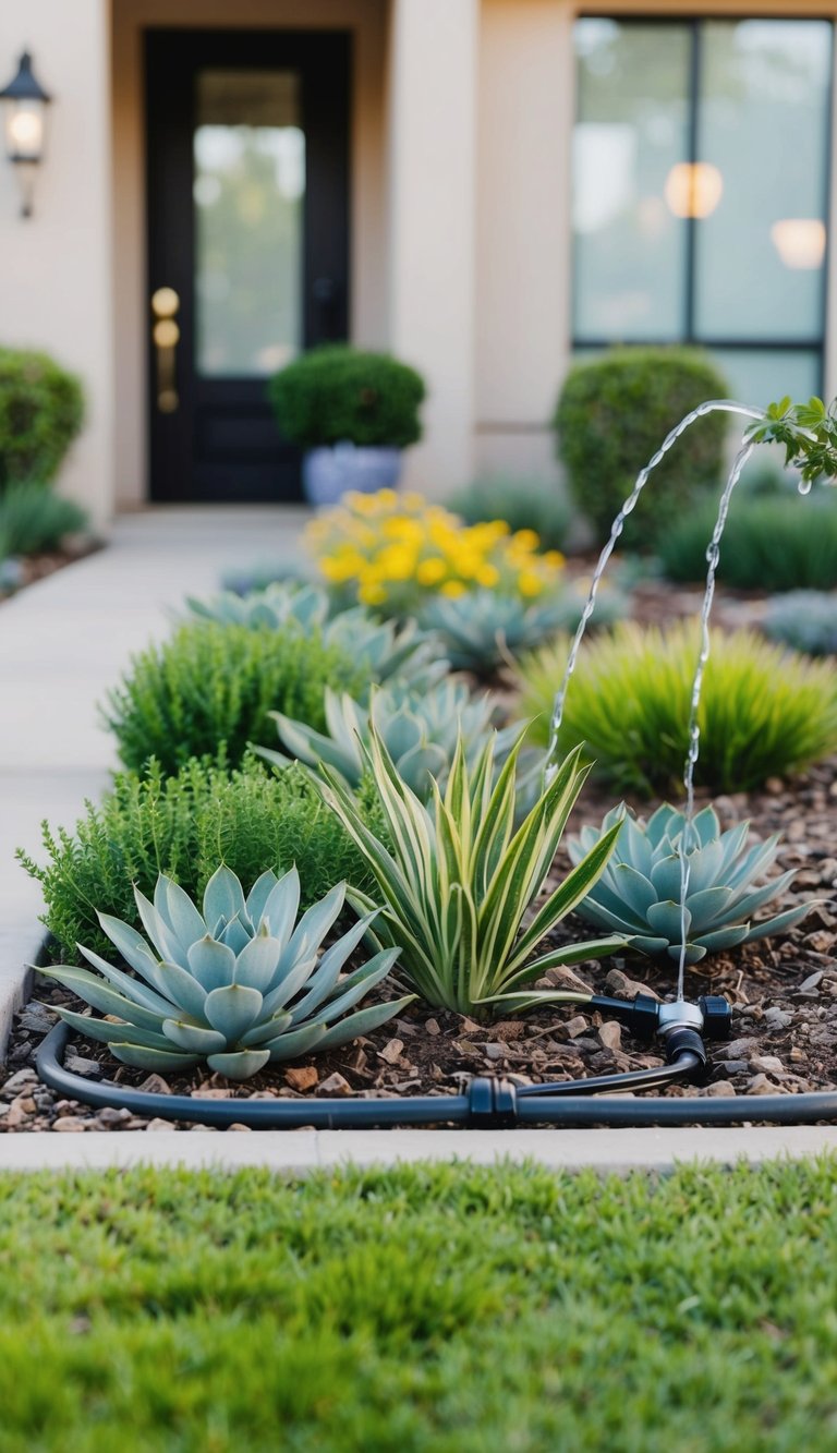 A front yard with drought-tolerant plants arranged in a pattern, with a drip irrigation system watering the vegetation