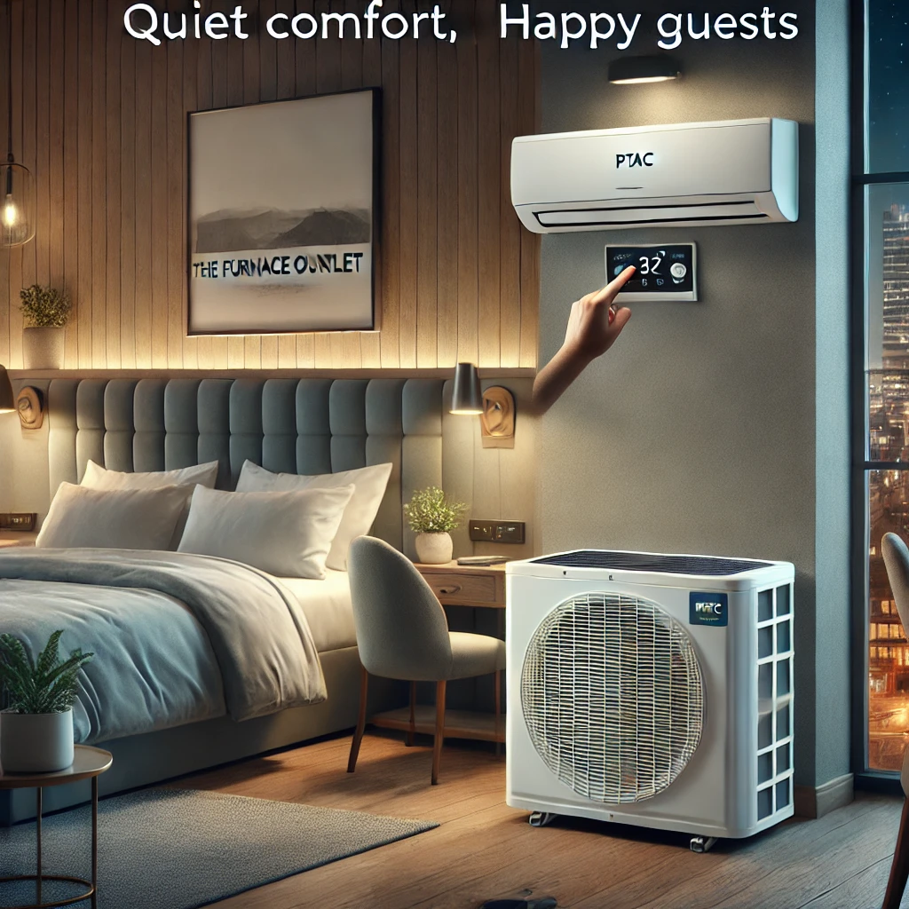 Modern hotel room with a PTAC unit under the window, emphasizing guest-adjustable settings, quiet operation, and high efficiency.
