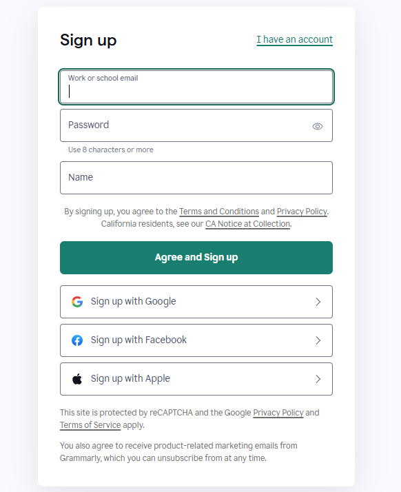 Grammarly Extension Sign-up Page
