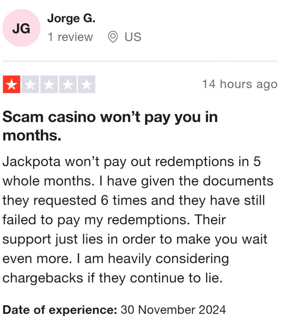 Trustpilot review of Jackpota casino