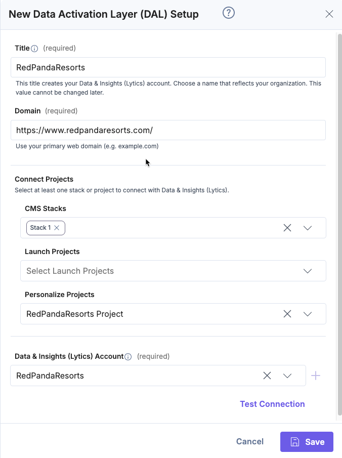 New DAL setup form with organization details, domain, and connected projects.        Ask ChatGPT