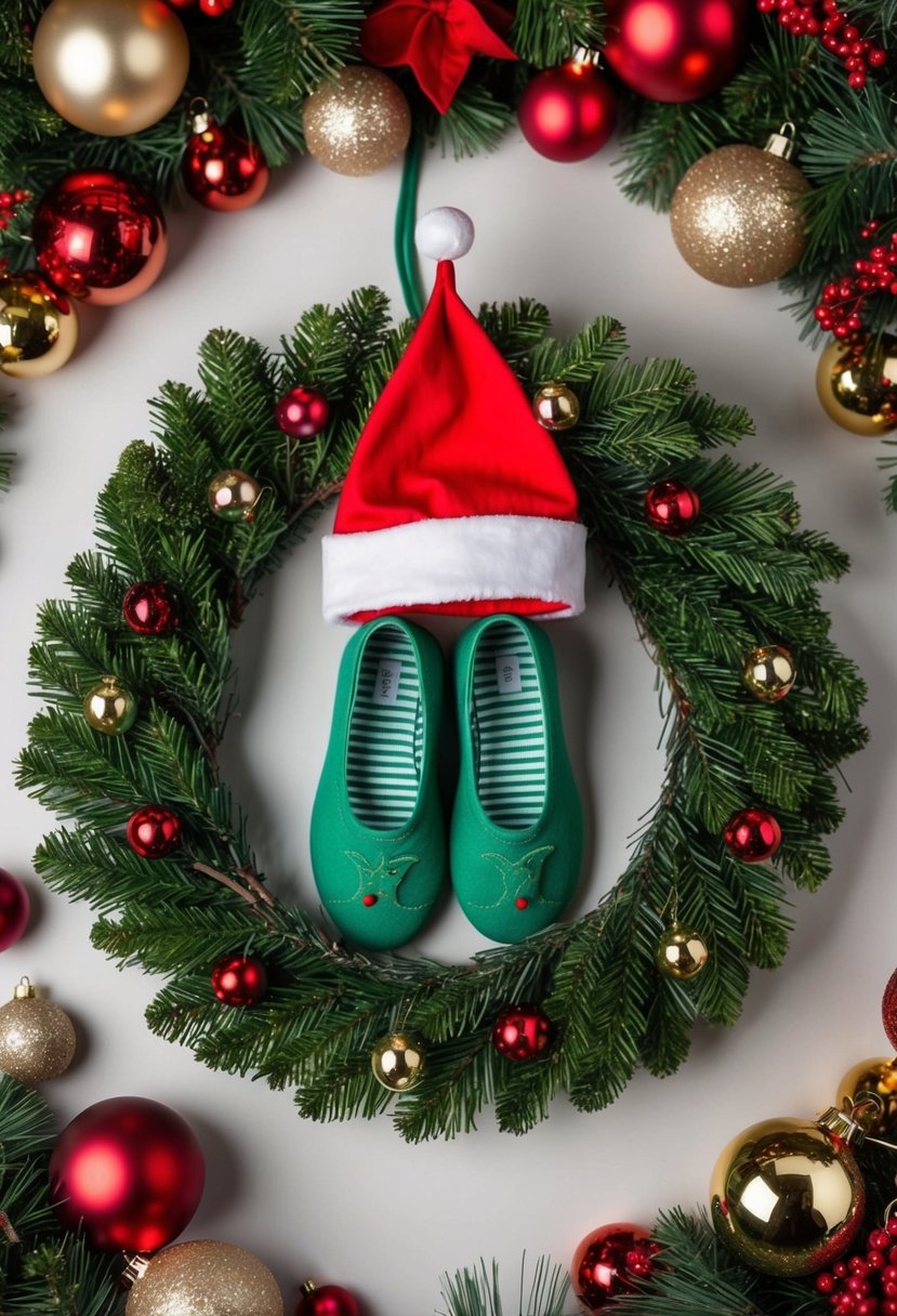 An elf hat and shoes arranged in a wreath, surrounded by festive Christmas decorations