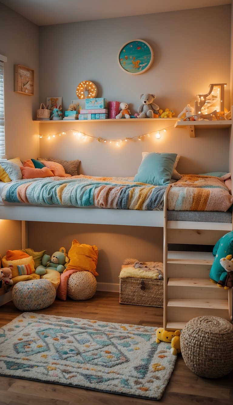 A spacious, colorful bedroom with a bunk bed, desk, and toy chest. Bright, playful decor and soft lighting create a cozy, inviting atmosphere for children