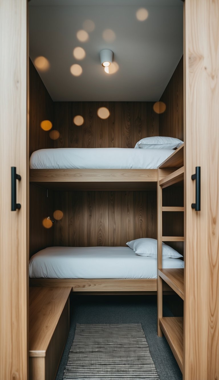 A bunk room with minimalist wood grain decor, featuring clean lines and simple furnishings