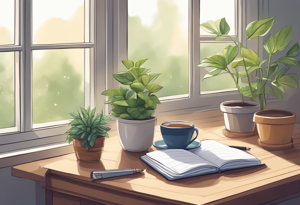 A cozy desk with a blank journal, a cup of tea, and a potted plant. A window lets in natural light, creating a peaceful atmosphere for journaling