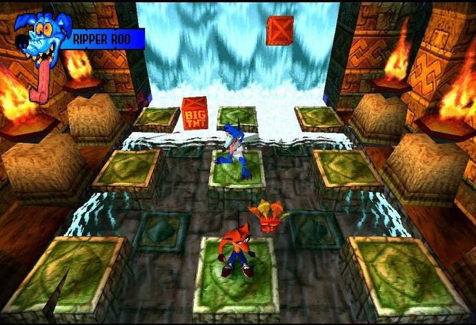 Tangkapan layar Crash Bandicoot PS1 menunjukkan Crash di salah satu dari sembilan platform selama pertarungan bos Ripper Roo.