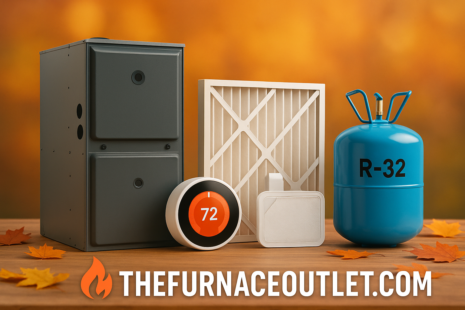 A digital photograph showcases products related to fall furnace upgrades—a modern gray furnace, smart thermostat, air filter, and R-32 refrigerant tank—set against a warm autumn background with leaves and "THEFURNACEOUTLET.COM" branding.