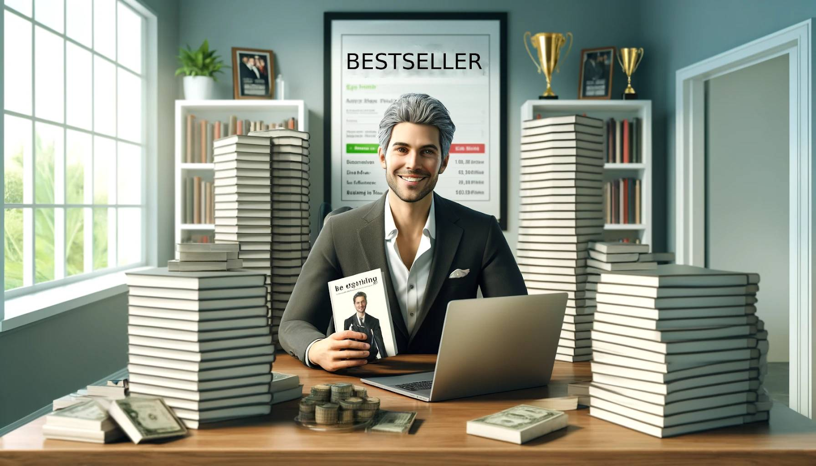 A person sitting at a desk surrounded by stacks of books and money, holding a book titled "Be Everything." A chart showing "BESTSELLER" is displayed on the wall behind them, with trophies in the background.