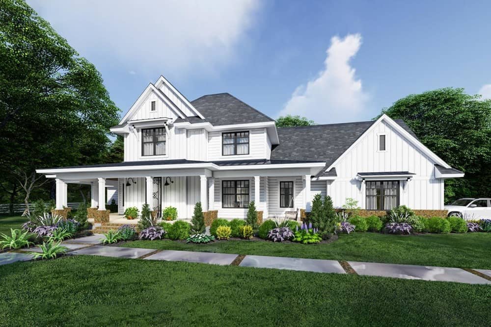 Front-right rendering of the two-story 4-bedroom modern farmhouse.
