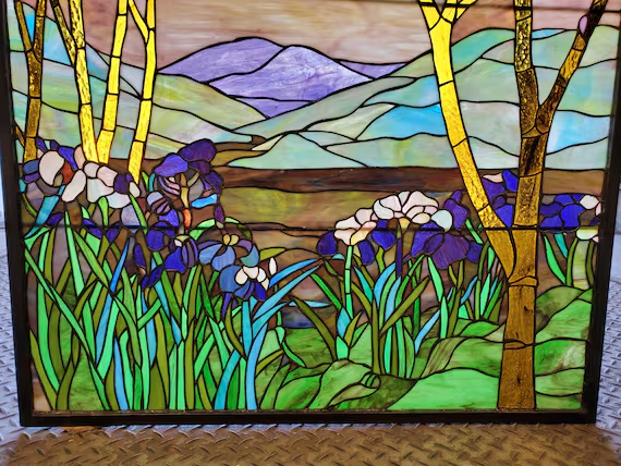 MMA iris stained glass hanging panel Tiffany Magnolia