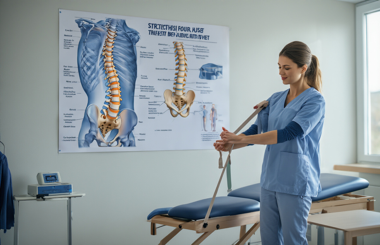 Create a realistic image of a physical therapist in a clinical setting demonstrating proper stretching techniques, with anatomical diagrams of the spine and hip joints on a wall poster, medical equipment for support visible, and soft, professional lighting highlighting the educational nature of the scene.