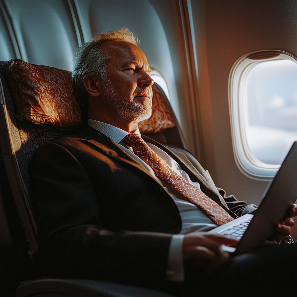 A businessman leans back in his airplane seat | Source: Midjourney