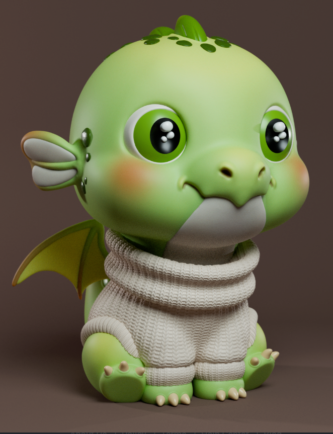 Cute green baby dragon 3D print model with big eyes, wearing a cozy white sweater, STL file available on PIXUP

