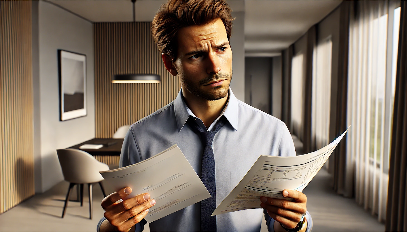 A puzzled man in a tie examines exclusive vs non-exclusive licenses in an office.