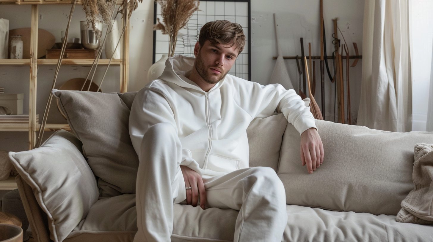 A man lounging in cozy sweatpants made from soft cotton, styled with a crewneck or zip hoodie. The look is relaxed and casual, perfect for comfort and downtime.