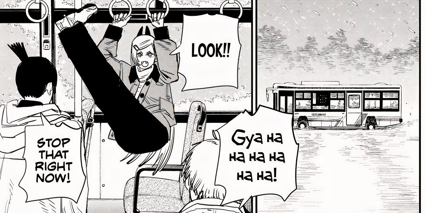 Force swinging from the handlebars of a bus as Aki screams and Denji laughs.