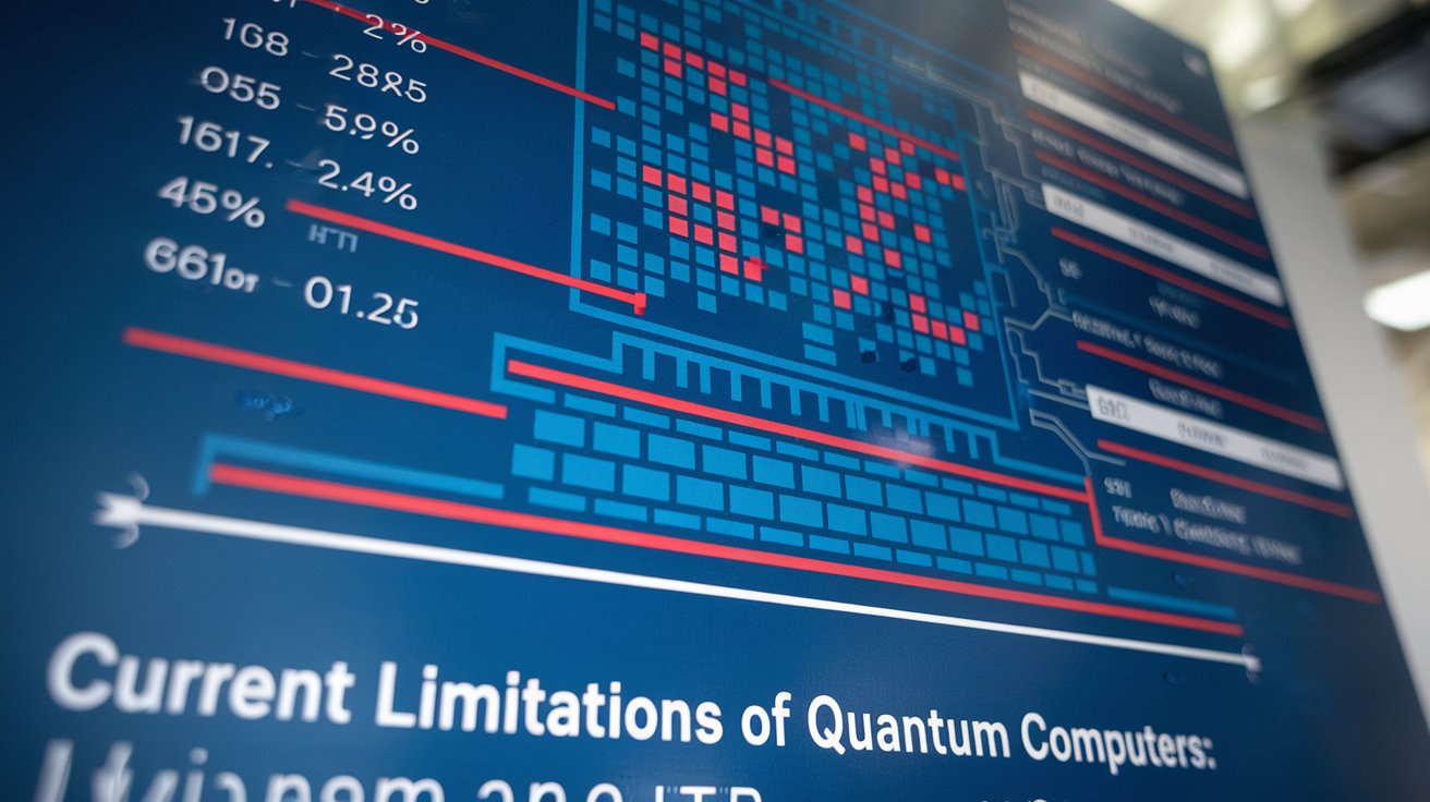 Graphic showing the current limitations of quantum computers, including noise and error rates, with technical data.