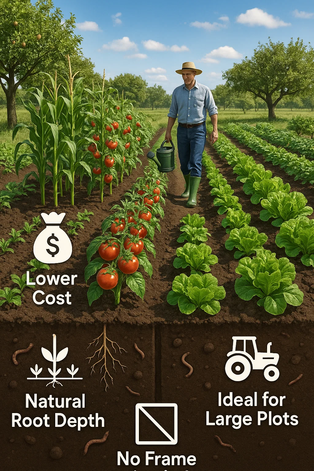 A lush, expansive in-ground garden set directly into the earth, filled with rows of thriving vegetables like corn, tomatoes, and lettuce. The soil is dark and well-tilled, showing earthworms and natural texture. A gardener is seen walking between rows with a watering can, emphasizing easy scalability. Include small icons or labels that highlight benefits such as “Lower Cost,” “Natural Root Depth,” “Ideal for Large Plots,” and “No Frame Needed.” Surroundings include fruit trees and open sky to showcase the connection to the natural landscape.
