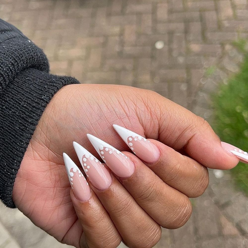 Simple White Nail Design having short Stiletto white Nails