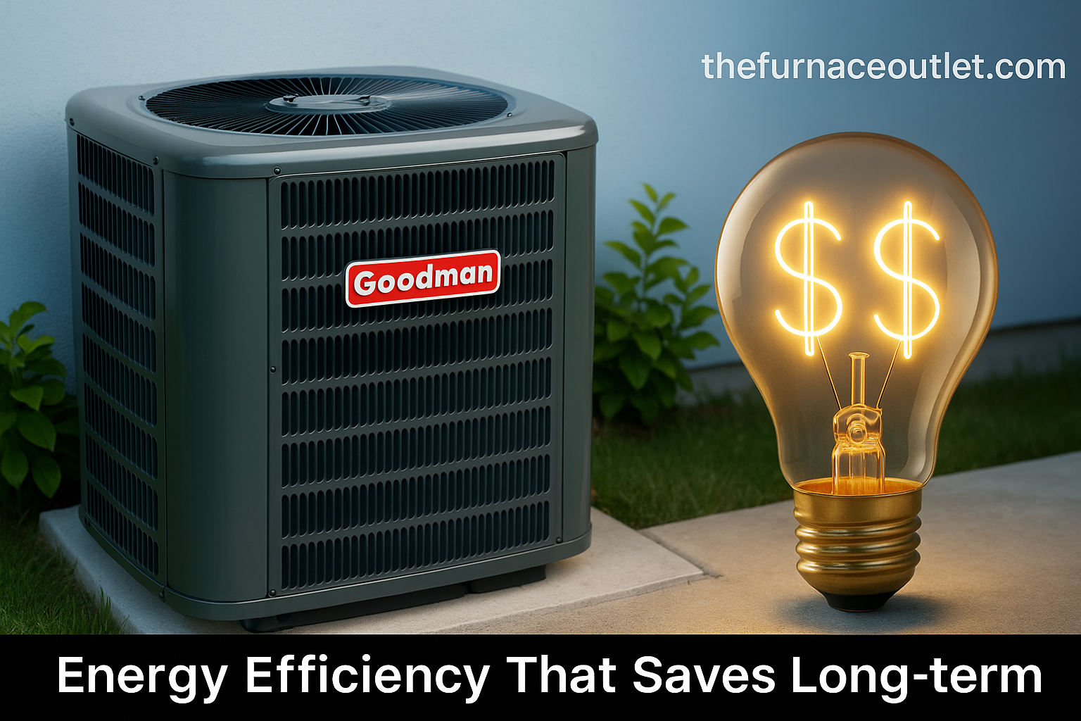 A Goodman 3-ton air conditioner next to a glowing light bulb with dollar signs inside, symbolizing long-term energy savings and efficiency, with The Furnace Outlet branding.