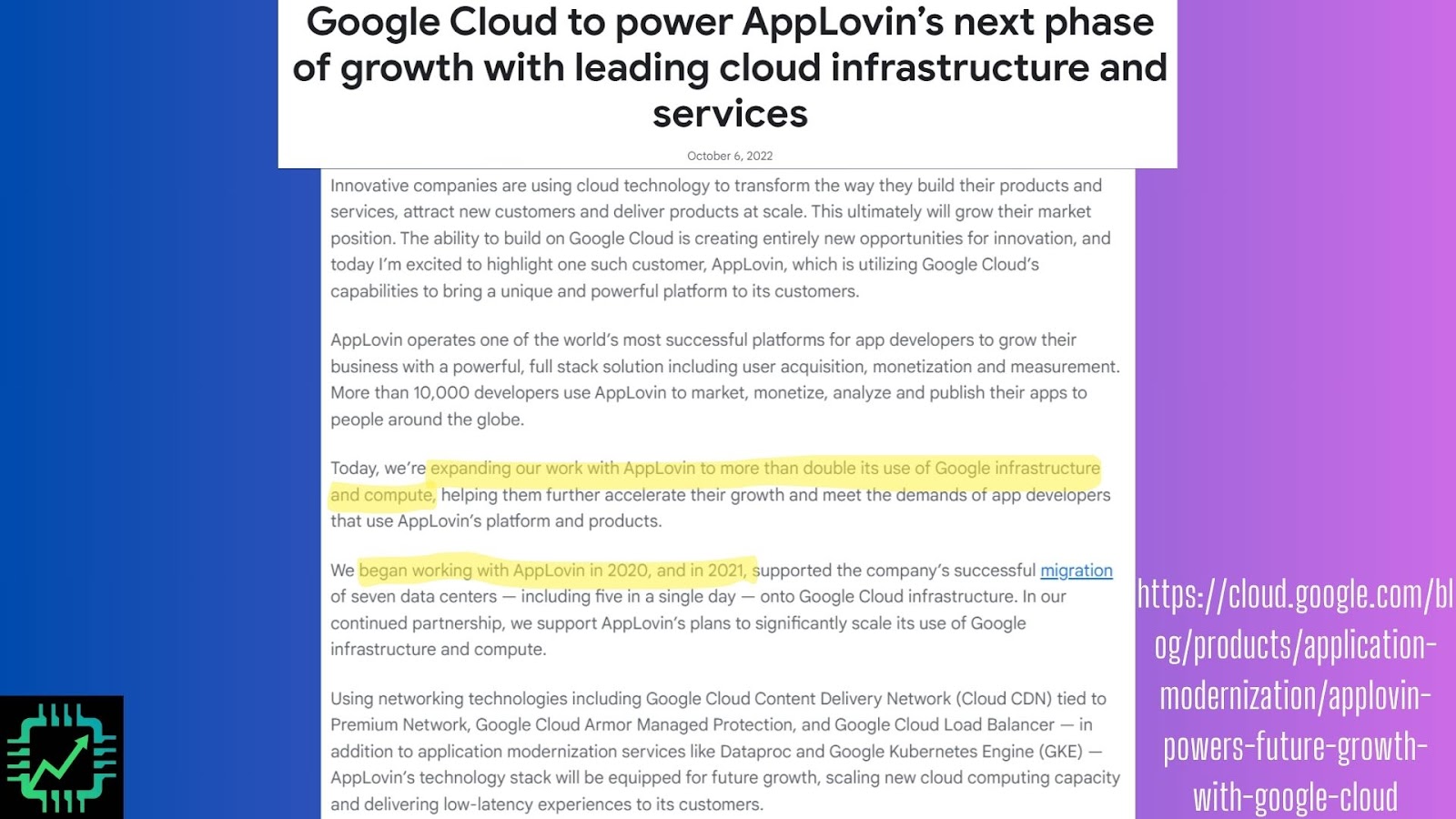 A Google Cloud press release from 2022 explaining AppLovin's work using Google Cloud services.