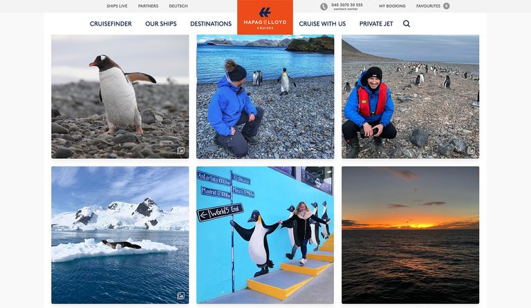 A grid of user-generated content from Instagram embedded on Hapag-Lloyd Cruises' website