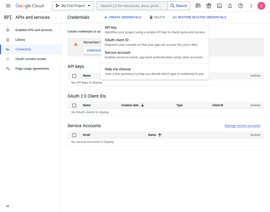 Step to create credentials in google cloud console