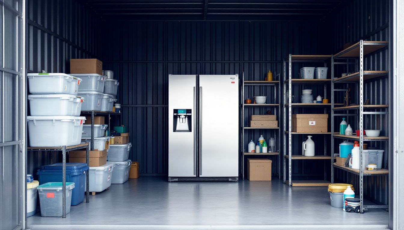 Placing a fridge in a storage unit, ensuring proper space and organization.