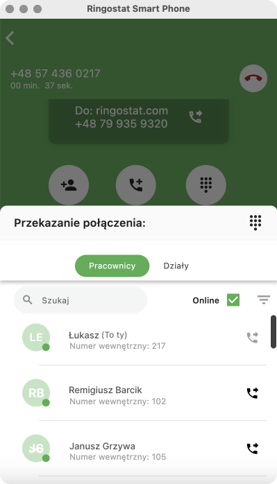 Ringostat Smart Phone, Przekazanie  połączeń dp pracowników