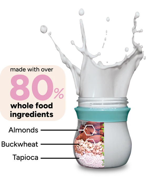 A jar featuring the phrase "made with over 80% whole food ingredients," highlighting its nutritious composition.